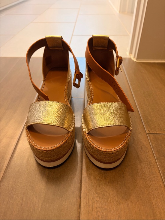 See By Chloe Shoes - Metallic Gold Ankle-Strap Wedge Sandals